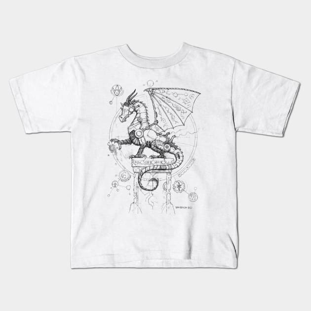 Steampunk Dragon (full composition - black lineart) Kids T-Shirt by SamDeaconArt